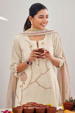 Load image into Gallery viewer, Beige Pure Linen Jacquard Fancy Embroidered Straight Cut Salwar Suit
