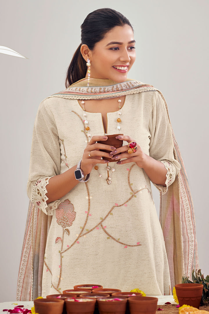 Beige Pure Linen Jacquard Fancy Embroidered Straight Cut Salwar Suit