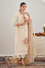 Load image into Gallery viewer, Beige Pure Linen Jacquard Fancy Embroidered Straight Cut Salwar Suit