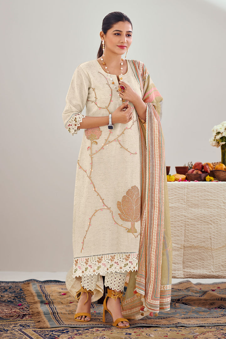 Beige Pure Linen Jacquard Fancy Embroidered Straight Cut Salwar Suit