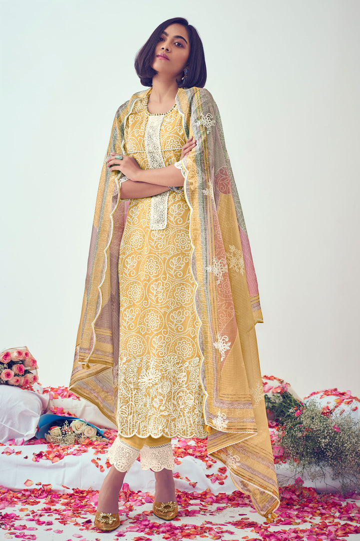 Yellow Pure Muslin Digital Print With Embroidery Work Casual Straight Cut Suit