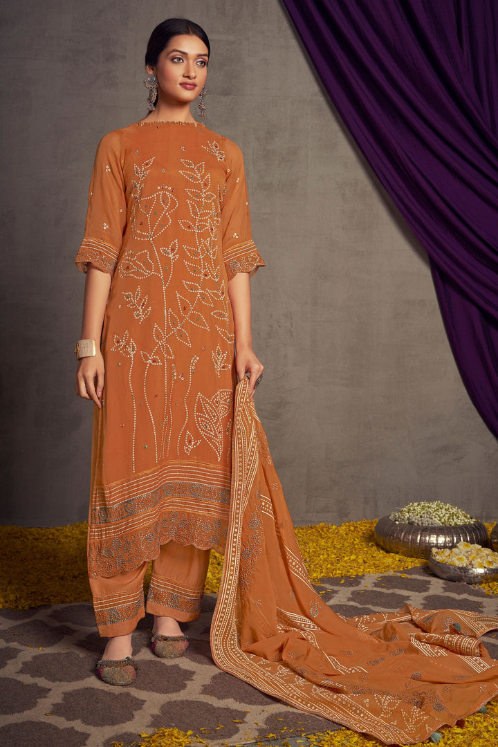 Brown Color Pure Organza Khadi Print Daily Wear Long Salwar Suit With Hand Work