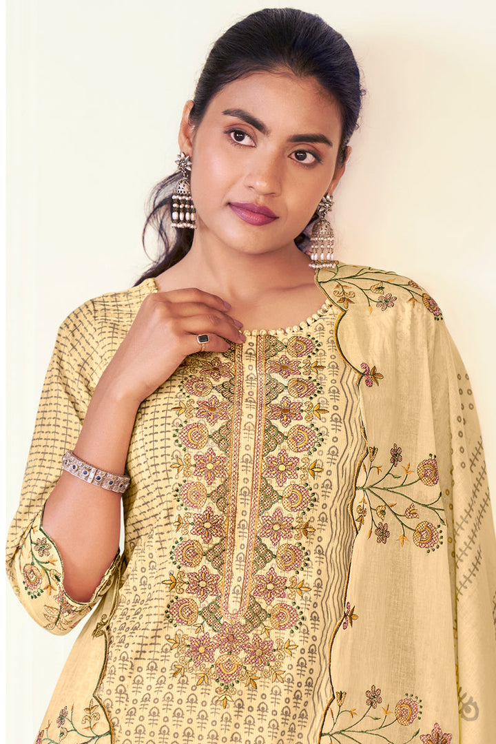Beige Pure Cotton Fabric Serene Elegance Designer Straight Cut Salwar Suit Set