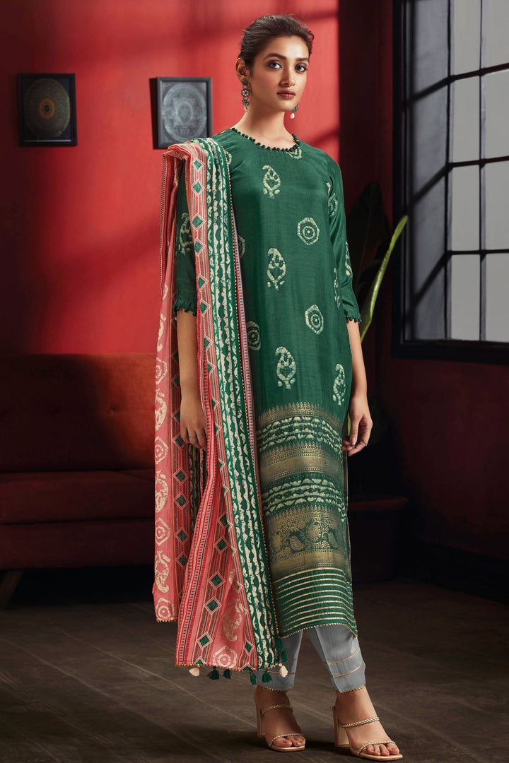Gorgeous Pure Muga Silk Green Batik Printed Salwar Suit