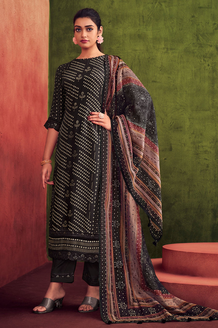 Black Color Pure Muslin Silk Gold Lining Digital Print Casual Long Straight Cut Suit