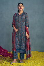 Load image into Gallery viewer, Navy Blue Color Pure Modal Silk Pure Ajrak Print Casual Long Straight Cut Salwar Kameez