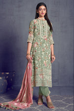 Load image into Gallery viewer, Sea Green Color Pure Organza Heavy Lakhnavi Embroidered Long Straight Cut Salwar Kameez