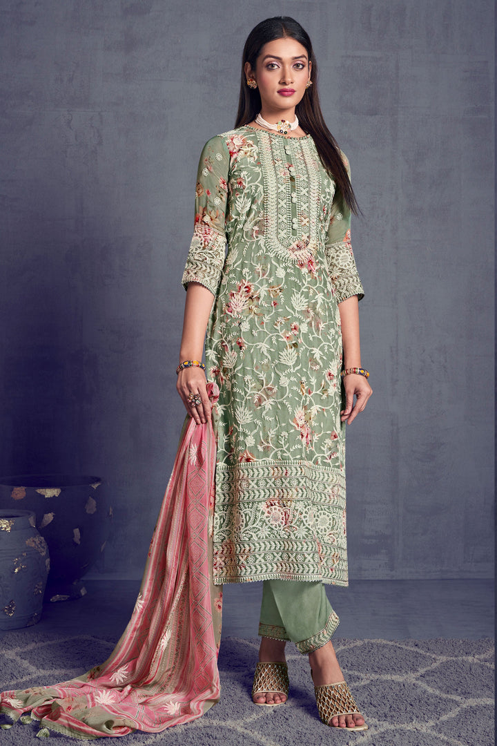Sea Green Color Pure Organza Heavy Lakhnavi Embroidered Long Straight Cut Salwar Kameez