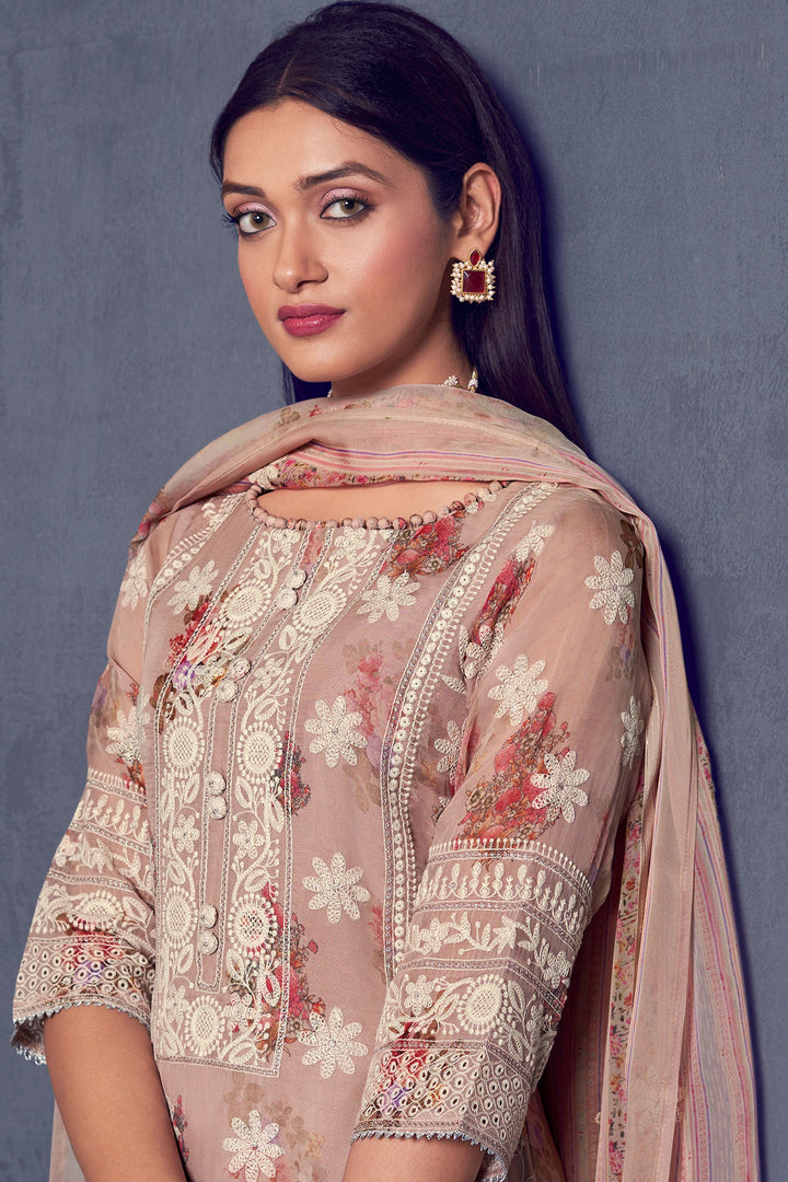 Chikoo Color Pure Organza Heavy Lakhnavi Embroidered Long Straight Cut Suit