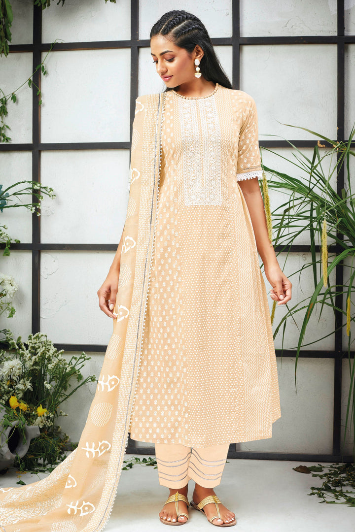 Beige Pure Cotton Khadi Block Print With Embroidery Straight Cut Salwar Kameez