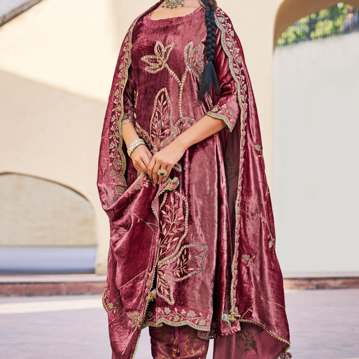 Maroon Silk Blend Embroidered Designer Salwar Suit main image 1