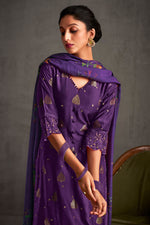 Load image into Gallery viewer, Purple Color Pure Muslin Jacquard Sequence Embroidery Long Straight Cut Salwar Kameez
