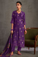 Load image into Gallery viewer, Purple Color Pure Muslin Jacquard Sequence Embroidery Long Straight Cut Salwar Kameez