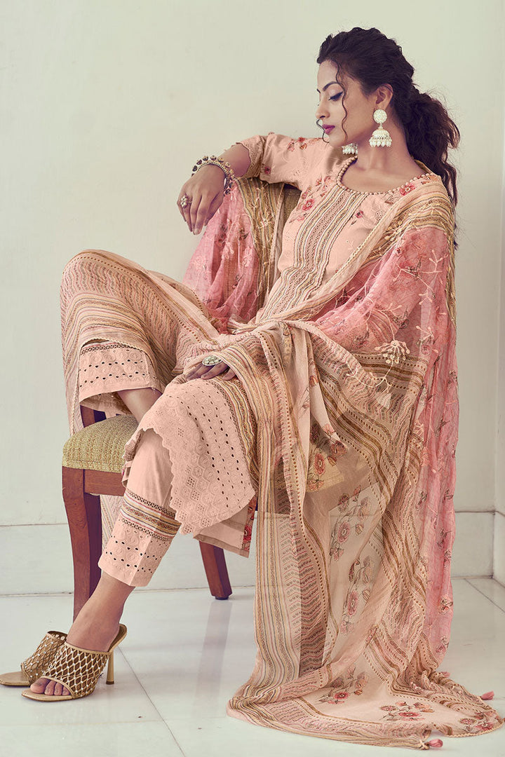 Peach Pure Cotton Artisanal Impressions Straight Cut Salwar Suit