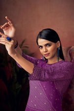 Load image into Gallery viewer, Pure Muslin Silk Gold Lining Digital Print Purple Color Long Straight Cut Salwar Kameez