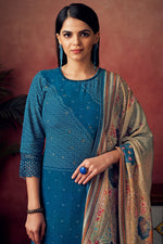 Load image into Gallery viewer, Teal Color Pure Muslin Silk Gold Lining Digital Print Long Straight Cut Suit