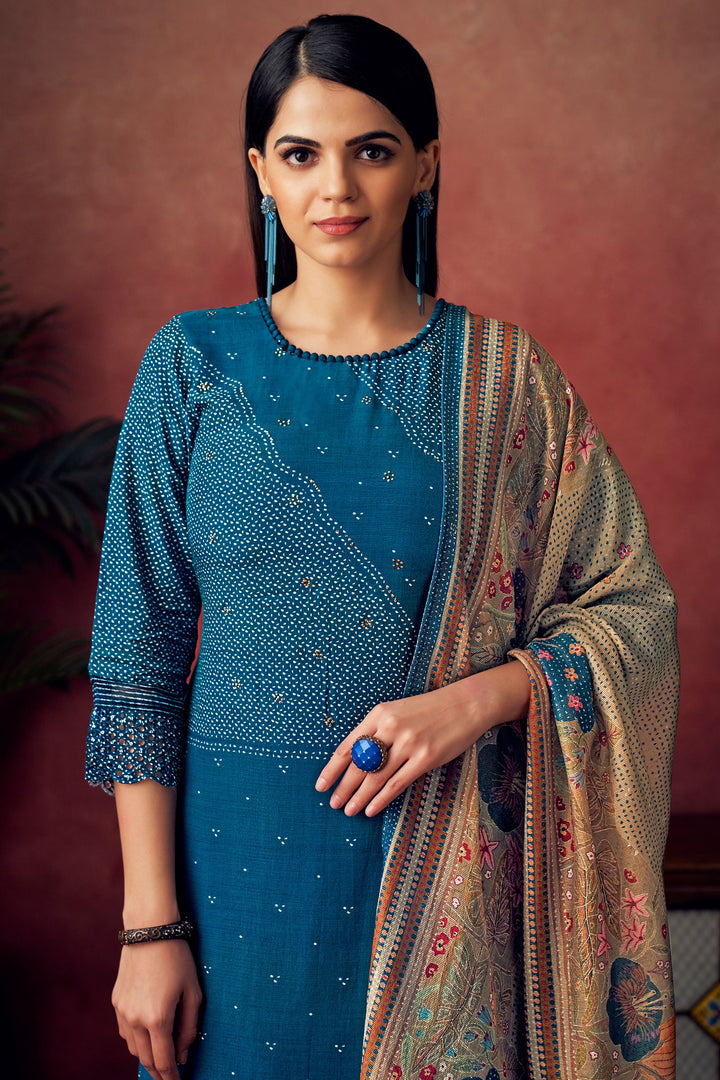 Teal Color Pure Muslin Silk Gold Lining Digital Print Long Straight Cut Suit