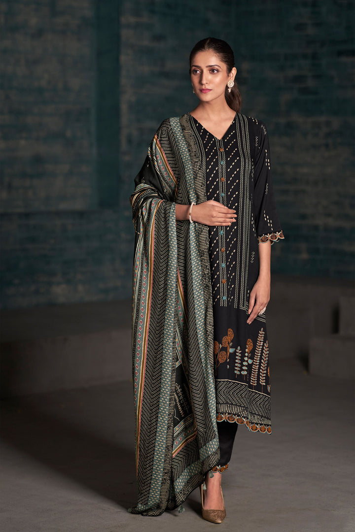 Black Color Pure Pashmina Digital Print Function Wear Straight Cut Salwar Kameez