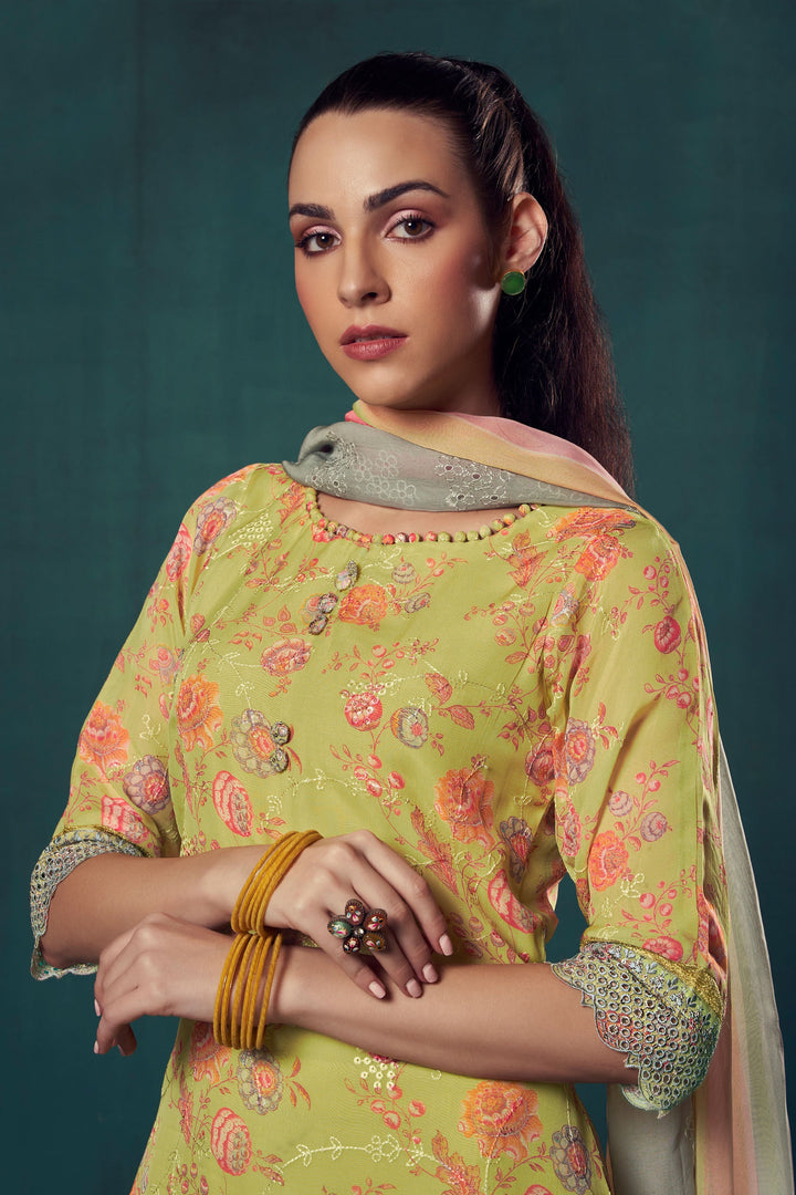 Green Color Pure Organza Digital Printed Long Straight Cut Suit