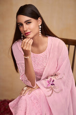 Load image into Gallery viewer, Pure Bemberg Georgette Fabric Embroidered Pink Color Casual Wear Trendy Straight Cut Suit