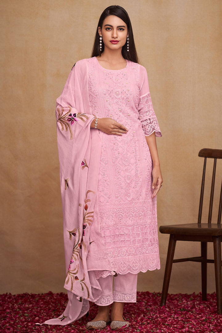Pure Bemberg Georgette Fabric Embroidered Pink Color Casual Wear Trendy Straight Cut Suit