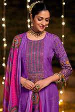 Load image into Gallery viewer, Purple Color Pure Bemberg Silk Gold Print With Embroidered Function Wear Long Straight Cut Salwar Kameez