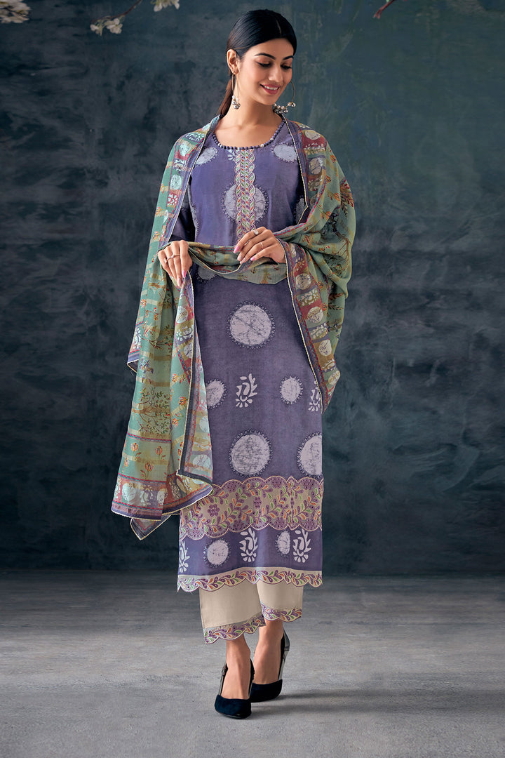 Phenomenal Pure Muga Silk Violet Batik Printed Salwar Suit