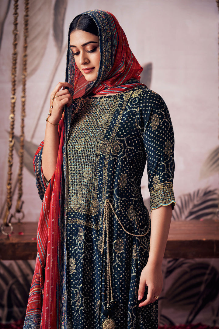Elegant Pure Muga Silk Blue Bandhani Printed Salwar Suit