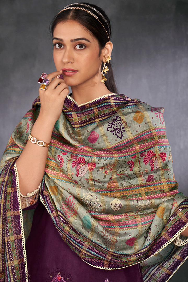 Elegant Pure Muga Silk Purple Batik Printed Salwar Suit