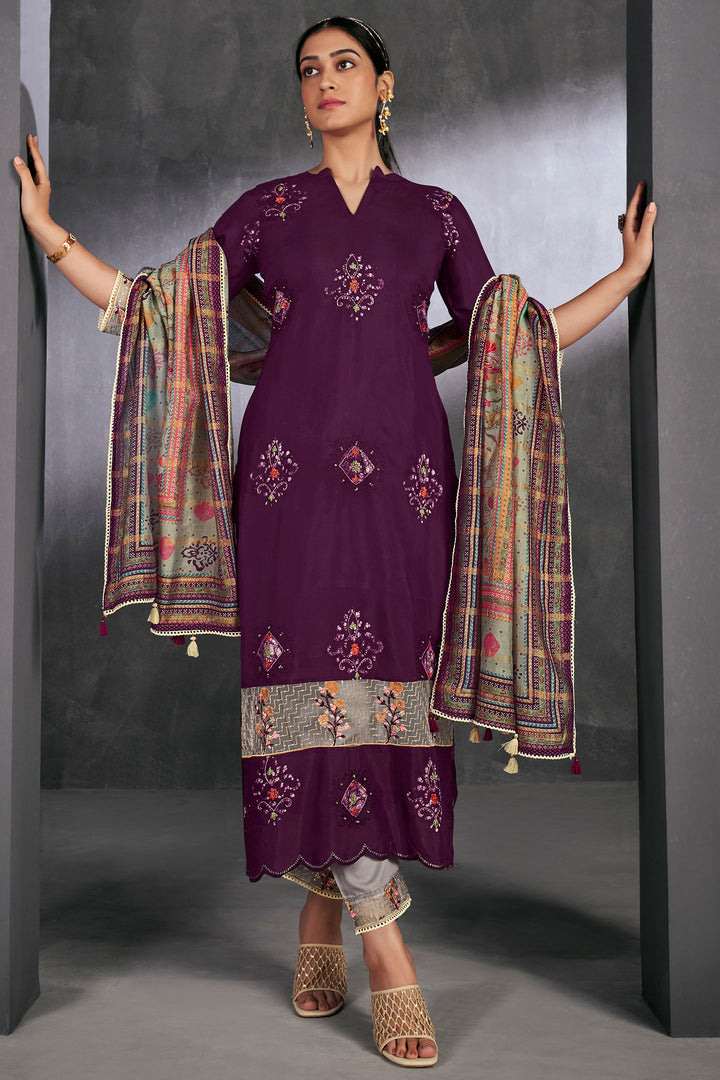 Elegant Pure Muga Silk Purple Batik Printed Salwar Suit