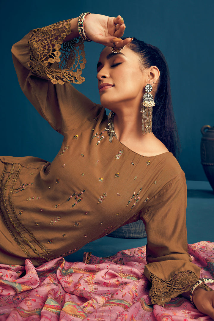 Pure Muga Silk Brown Color Borer Embroidered Unstitched Salwar Suit Set
