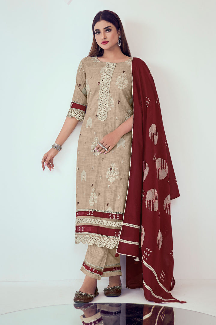 Cotton Fabric Beige Color Printed Salwar Suit