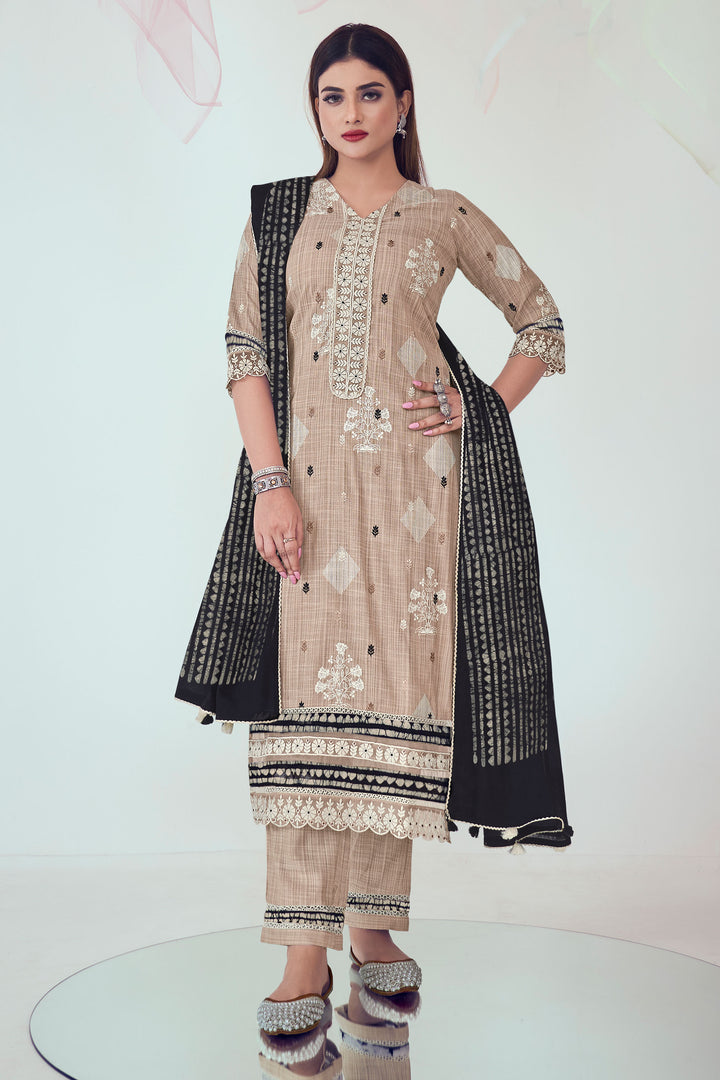 Fabulous Cotton Fabric Beige Color Printed Salwar Suit