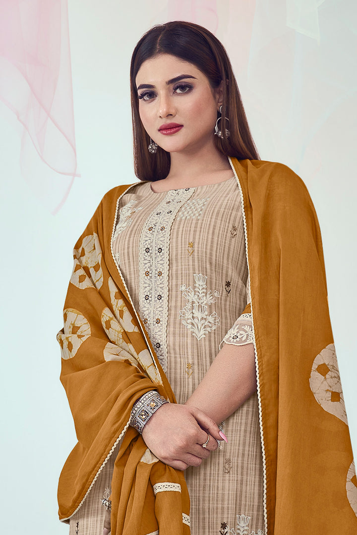 Cotton Fabric Beige Color Casual Printed Salwar Suit