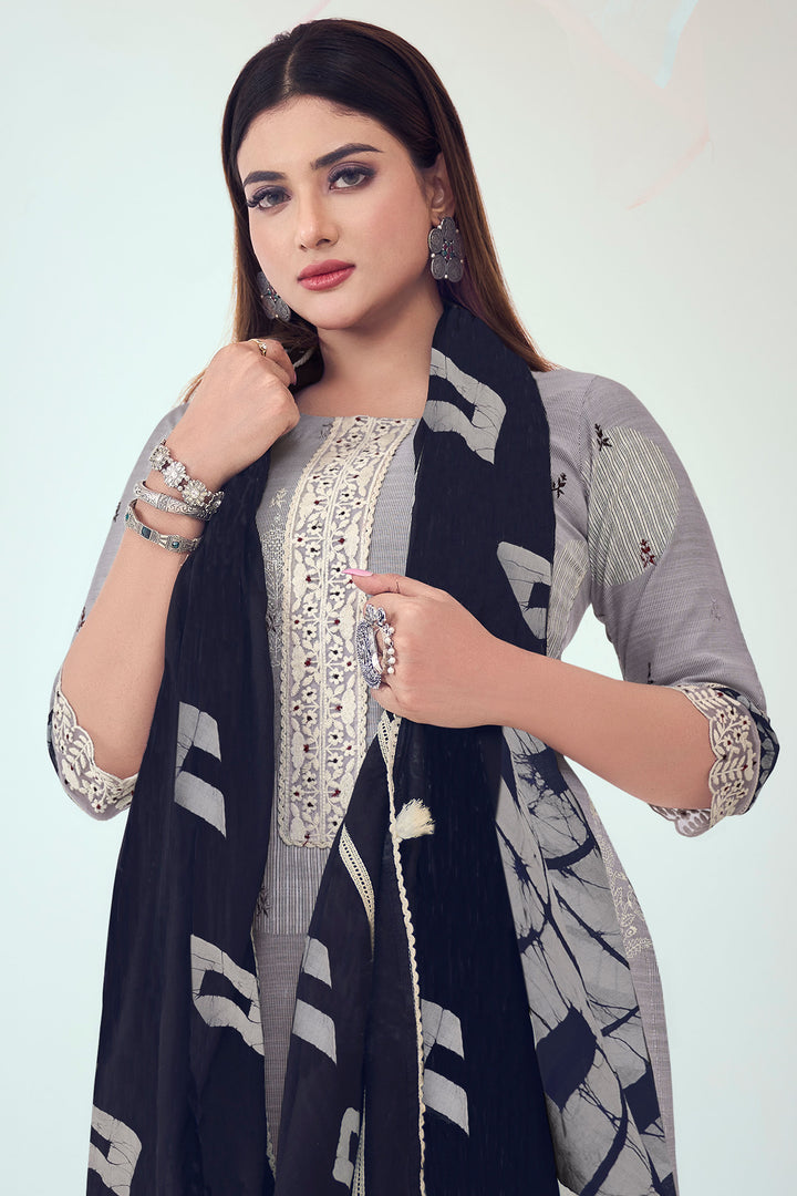 Cotton Fabric Grey Color Gorgeous Printed Salwar Suit