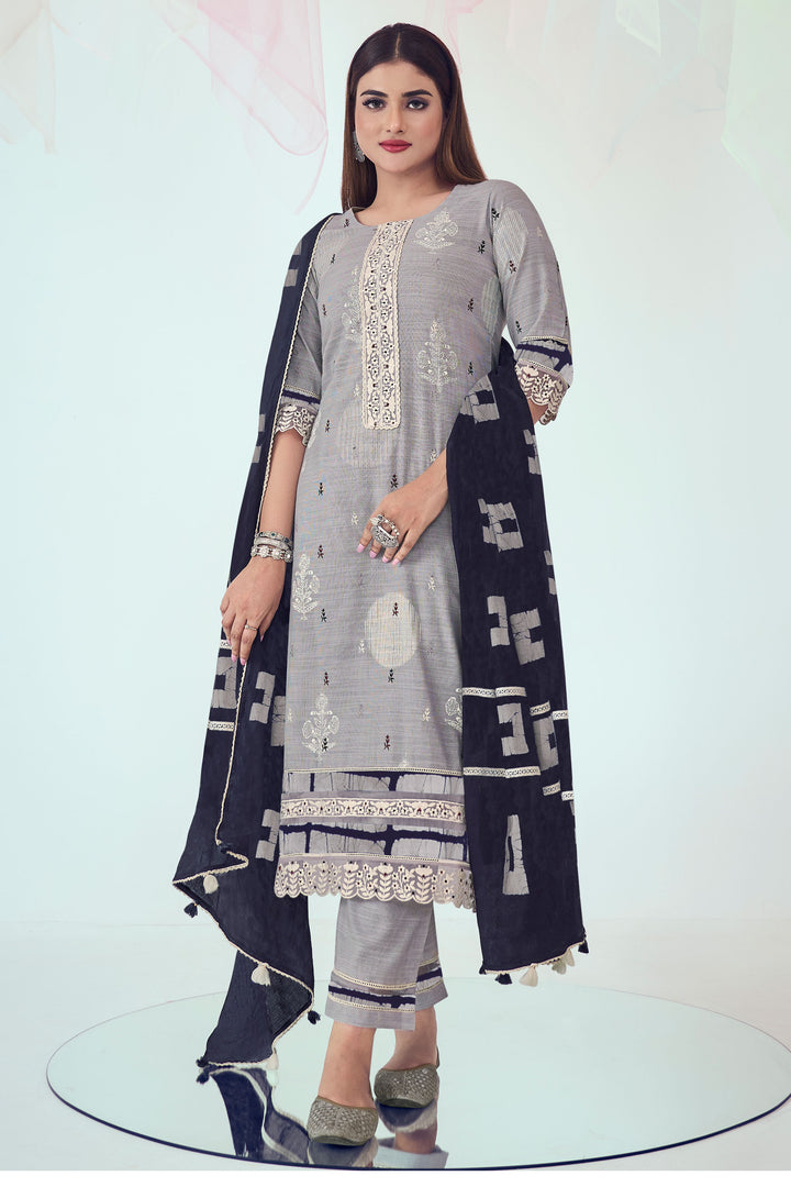 Cotton Fabric Grey Color Gorgeous Printed Salwar Suit