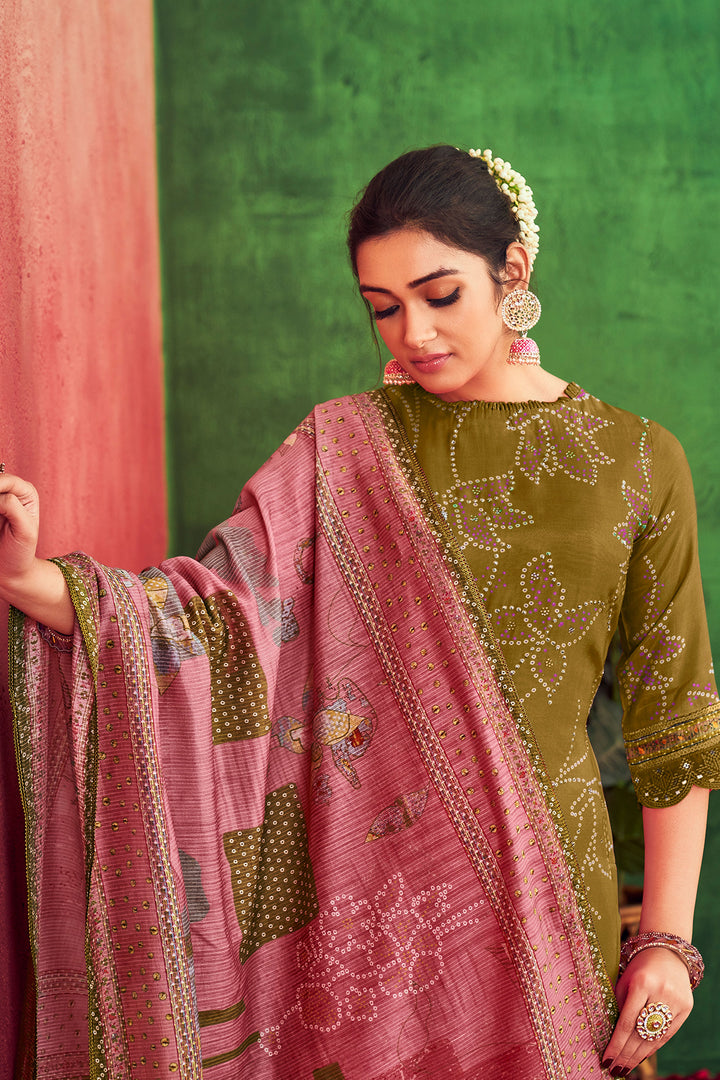 Brown Pure Muslin Silk Gold Lining Digital Print Long Straight Cut Salwar Suit