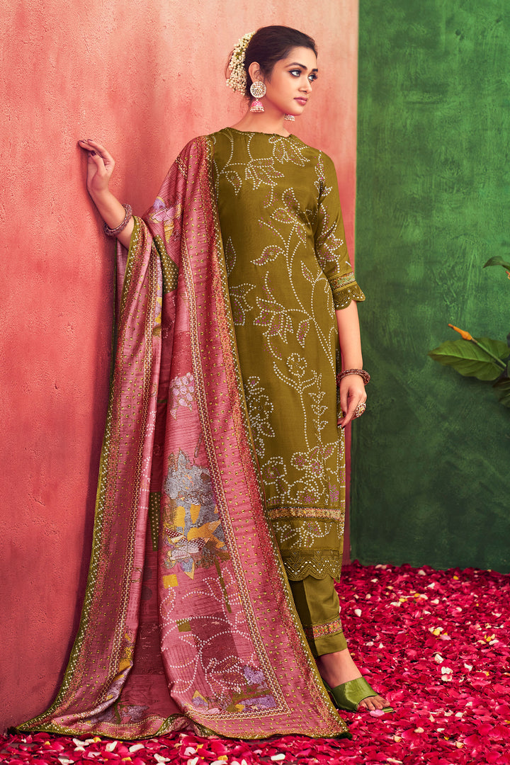 Brown Pure Muslin Silk Gold Lining Digital Print Long Straight Cut Salwar Suit