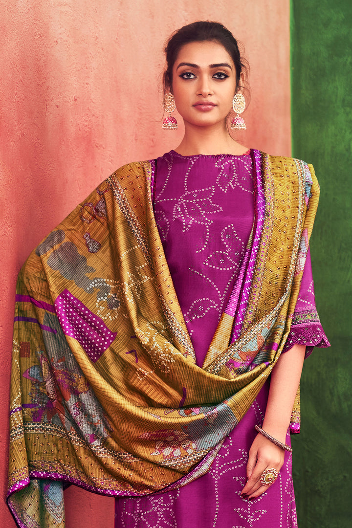 Pure Muslin Silk Gold Lining Digital Print Long Straight Cut Salwar Suit In Dark Magenta Color