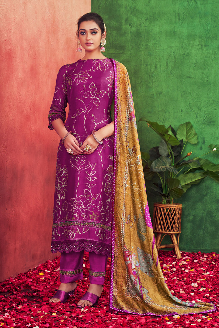 Pure Muslin Silk Gold Lining Digital Print Long Straight Cut Salwar Suit In Dark Magenta Color