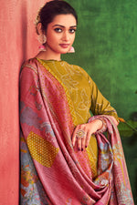 Load image into Gallery viewer, Pure Muslin Silk Gold Lining Digital Print Long Straight Cut Suit In Mustard Color
