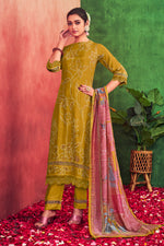 Load image into Gallery viewer, Pure Muslin Silk Gold Lining Digital Print Long Straight Cut Suit In Mustard Color
