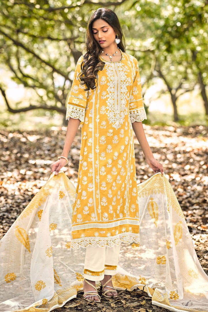 Yellow Pure Cotton Block Print With Embroidery Work Long Salwar Kameez