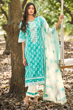 Load image into Gallery viewer, Cyan Pure Cotton Block Print With Embroidery Work Long Salwar Kameez
