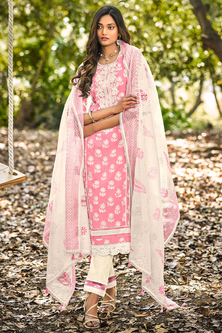 Pink Pure Cotton Block Print With Embroidery Work Long Salwar Suit