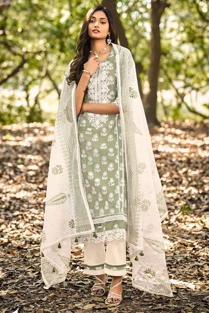 Sea Green Pure Cotton Block Print With Embroidery Work Long Suit