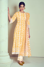 Load image into Gallery viewer, Yellow Pure Cotton Block Print With Embroidery Work Designer Salwar Kameez
