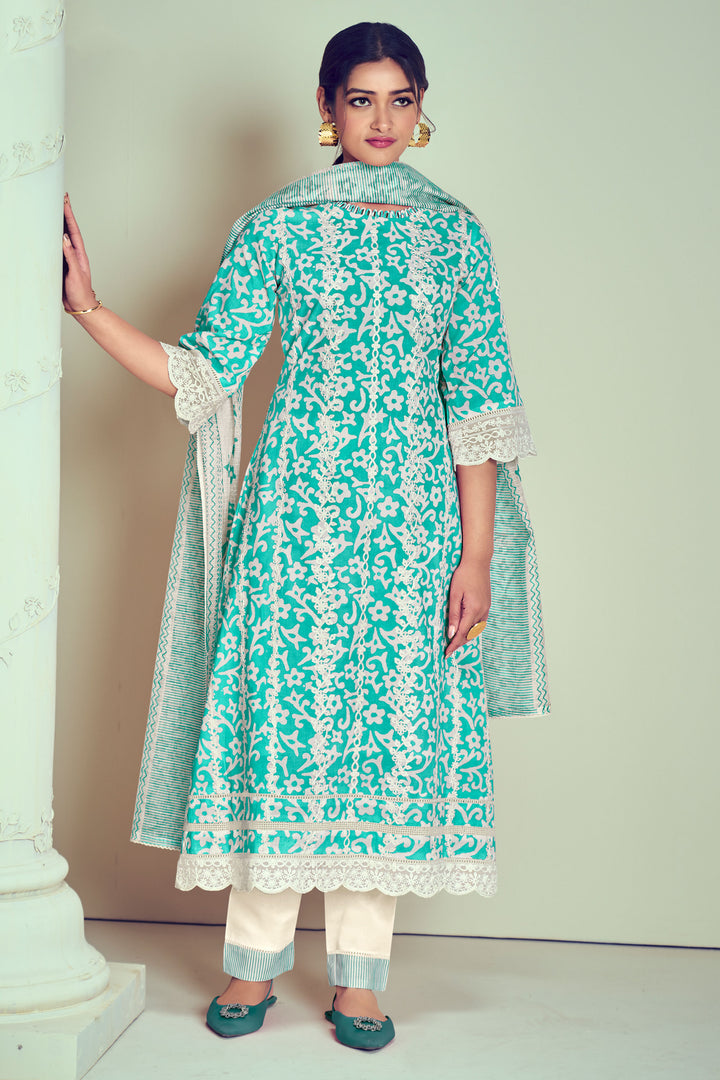 Cyan Color Pure Cotton Block Print With Embroidery Work Designer Salwar Suit