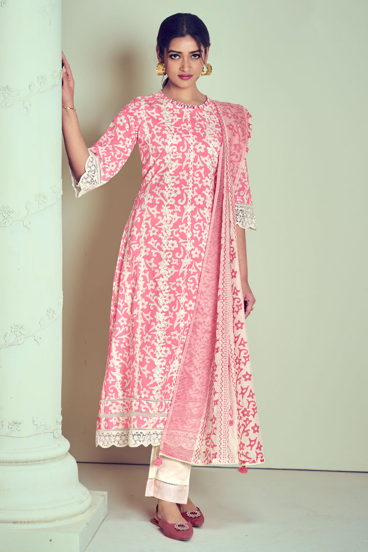 Pink Pure Cotton Block Print With Embroidery Work Designer Suit