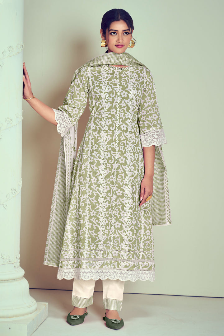 Sea Green Pure Cotton Block Print With Embroidery Work Designer Dress